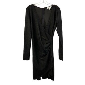 She + Sky Womens V-Neck Long Sleeve Ruched Sheath Dress Black Shimmer Large